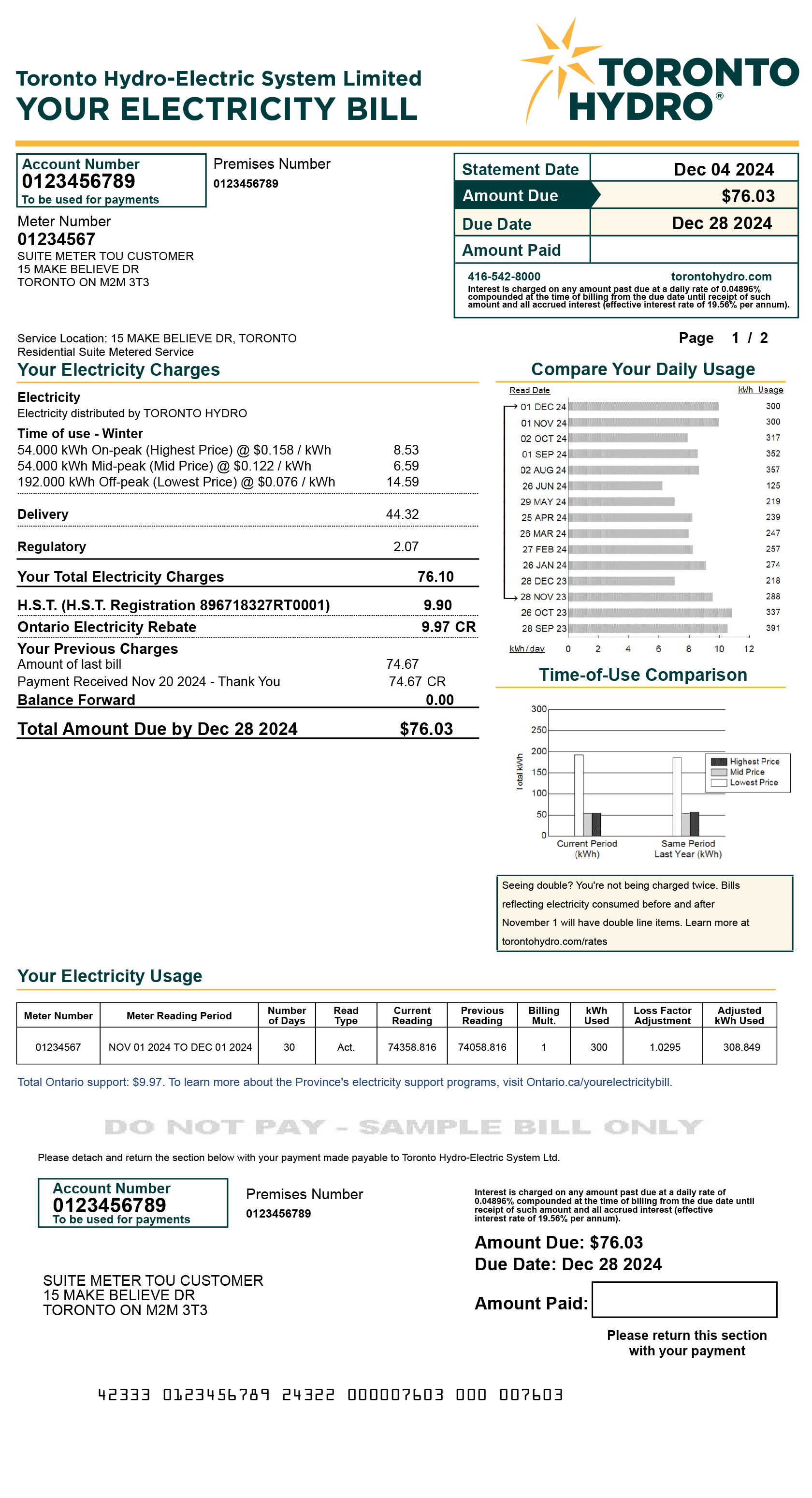 Suite metering Time-of-Use (TOU) sample bill for desktop