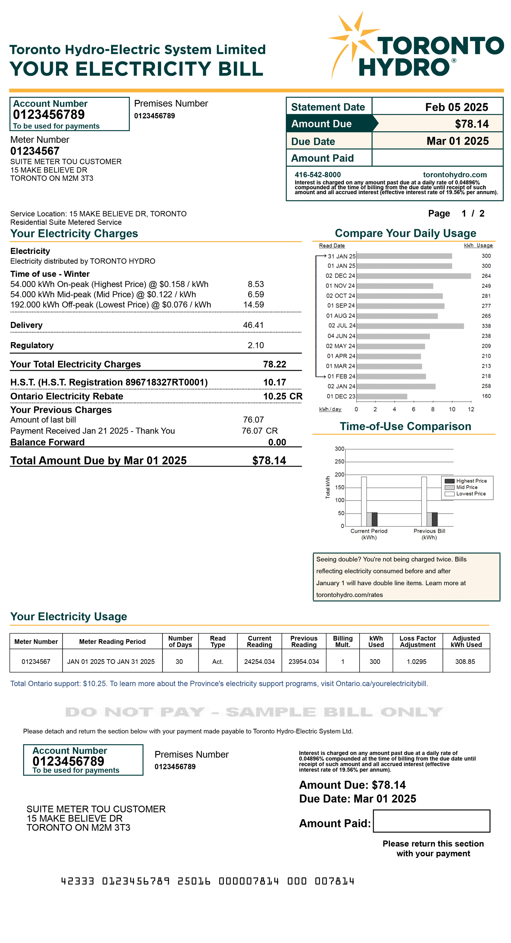 Suite metering Time-of-Use (TOU) sample bill for desktop