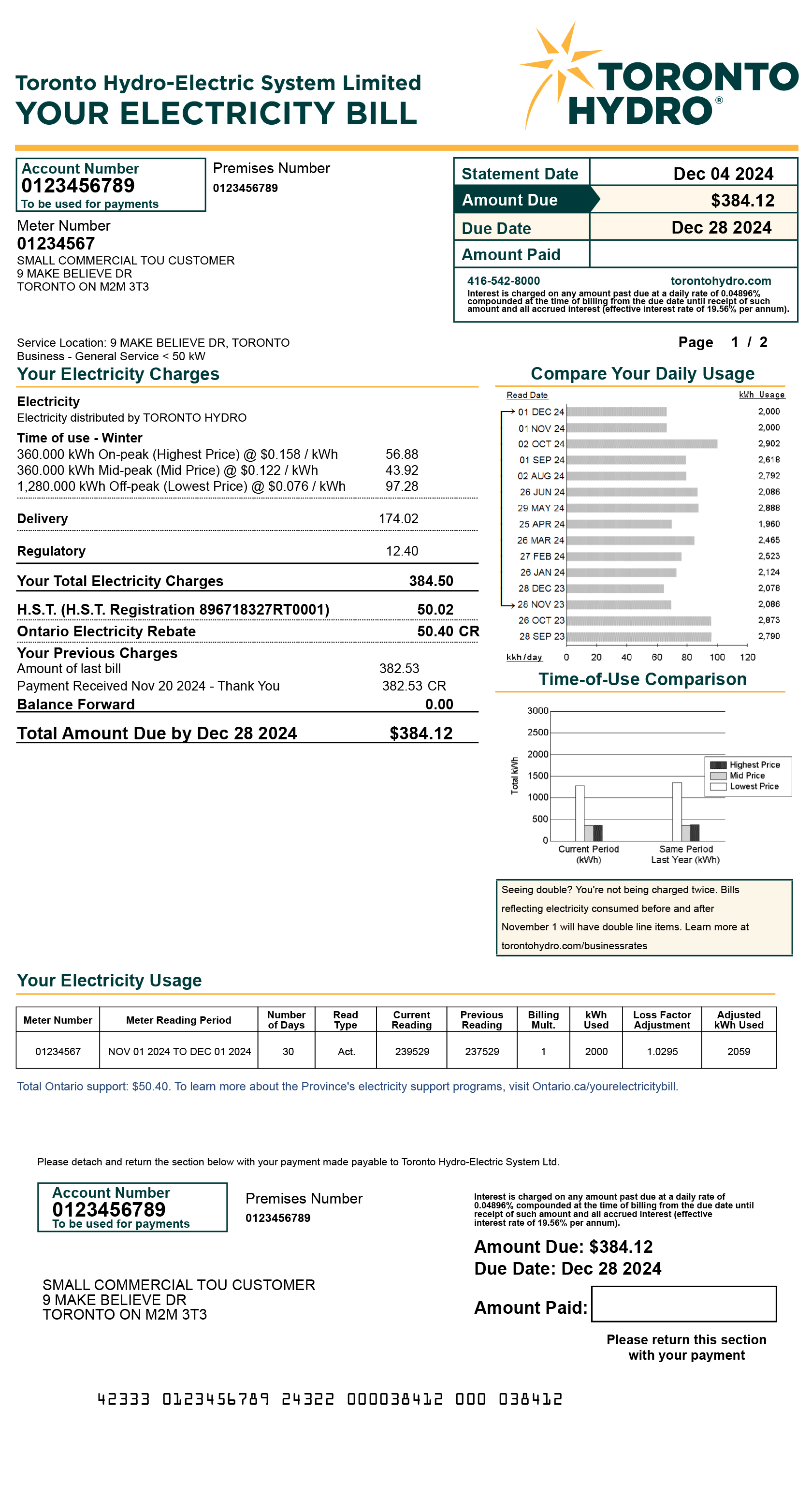 Small commercial TOU sample bill for desktop