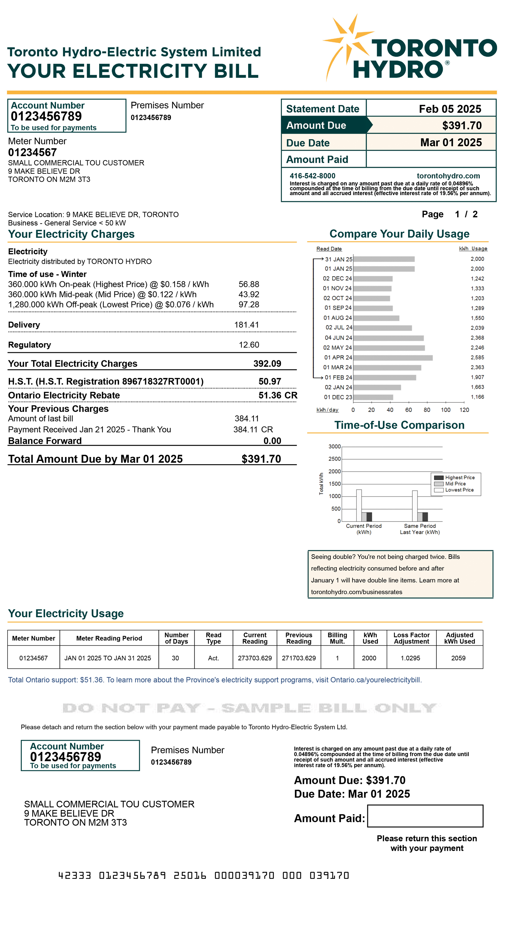 Small commercial TOU sample bill for desktop