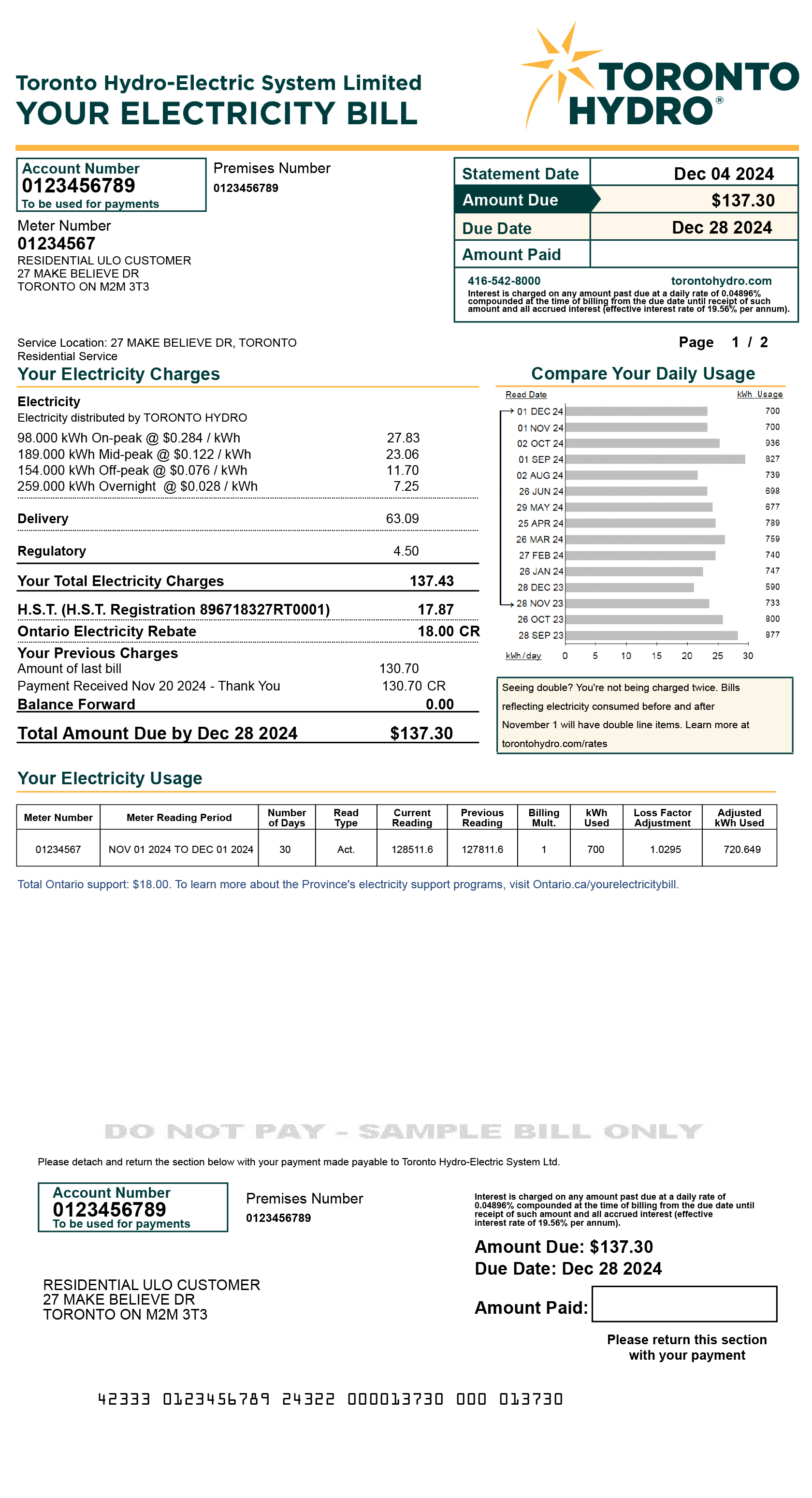 Residential ULO sample bill for desktop