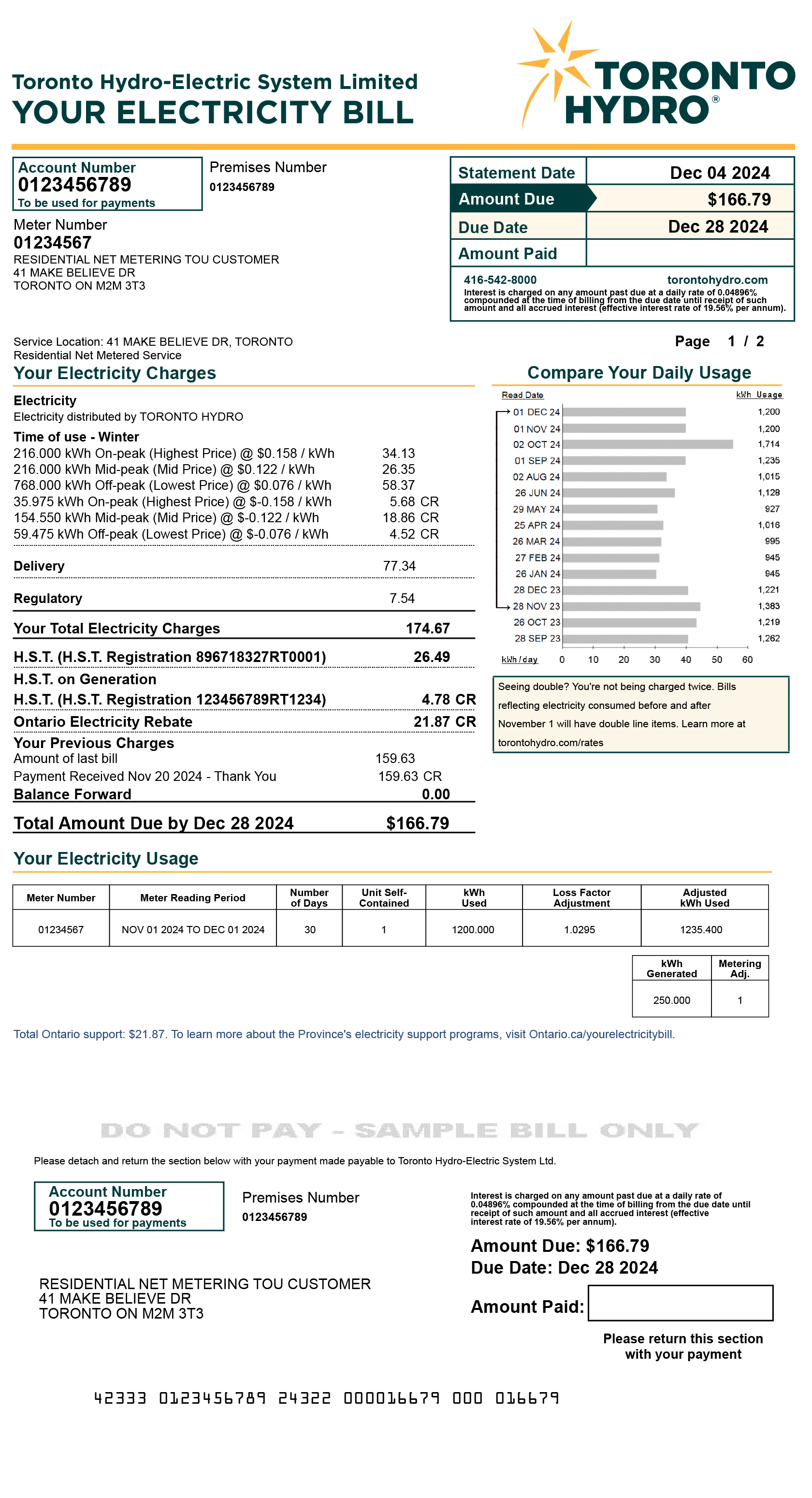 Residential net metering Time-of-Use sample bill. 