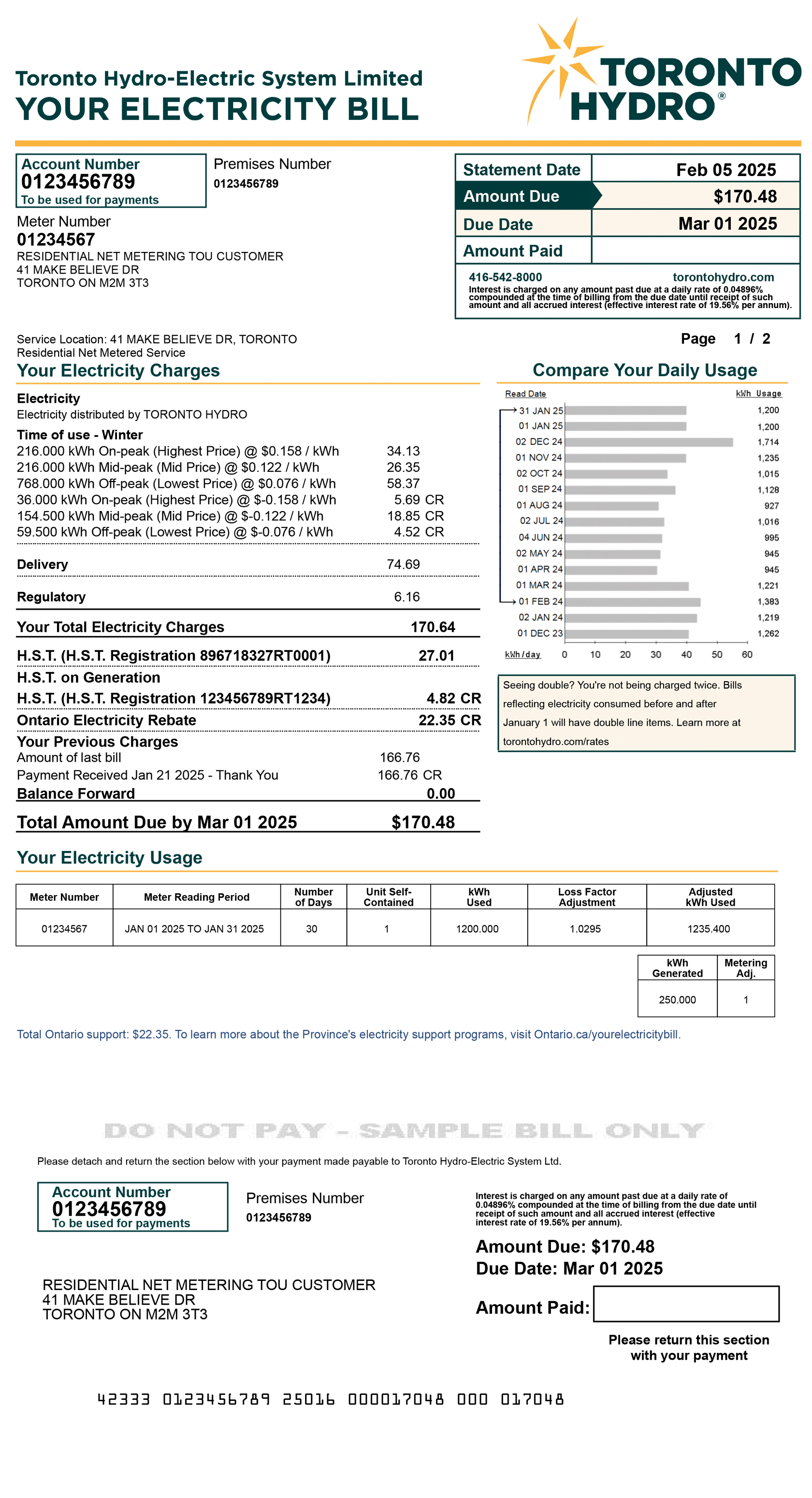 Residential net metering Time-of-Use sample bill. 