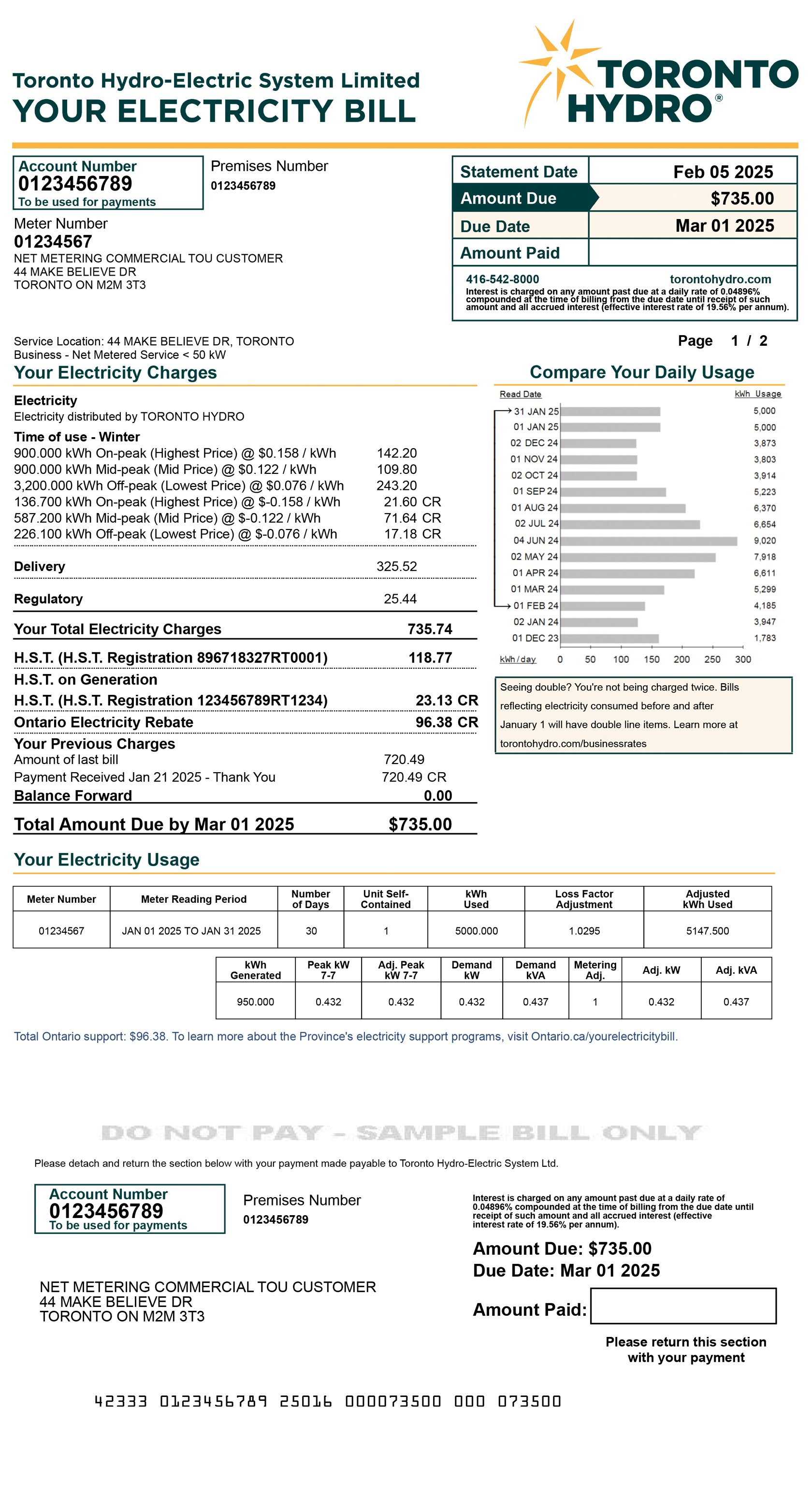 Small commercial net metering Time-of-Use sample bill.